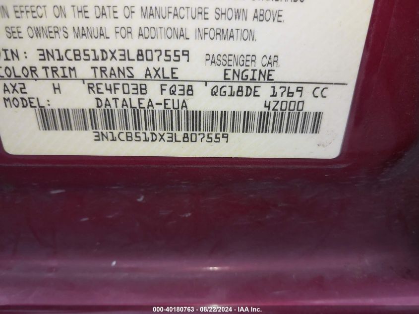 2003 Nissan Sentra Gxe VIN: 3N1CB51DX3L807559 Lot: 40180763