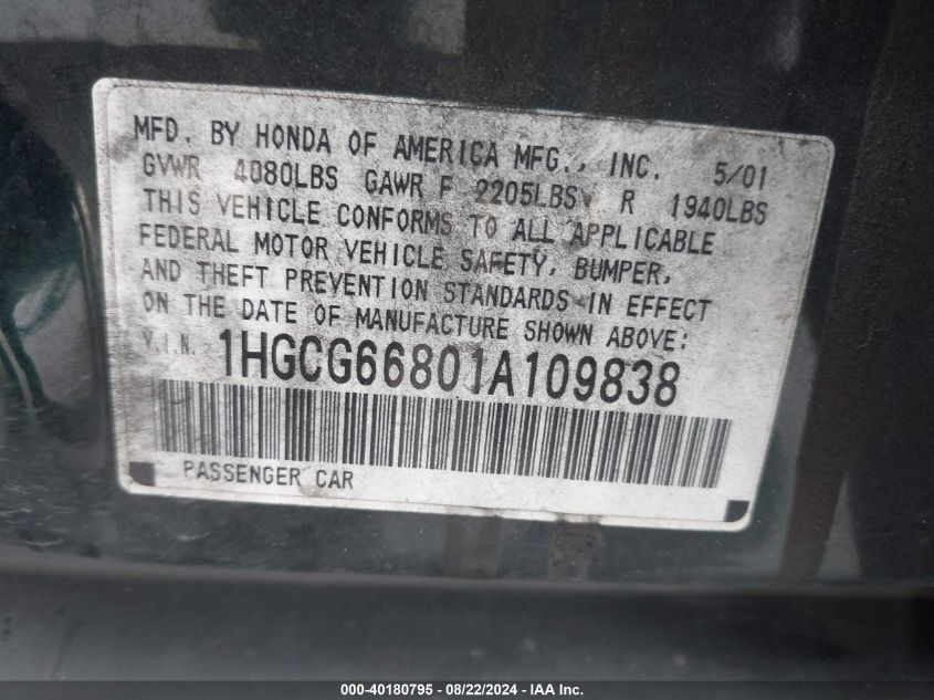 2001 Honda Accord 2.3 Ex VIN: 1HGCG66801A109838 Lot: 40180795
