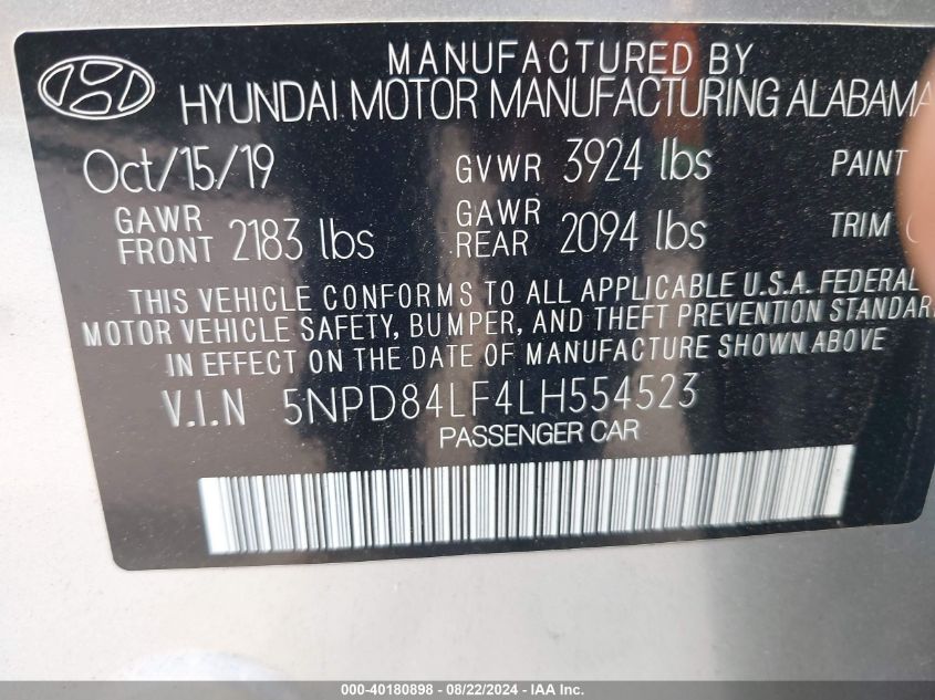 2020 HYUNDAI ELANTRA SEL - 5NPD84LF4LH554523