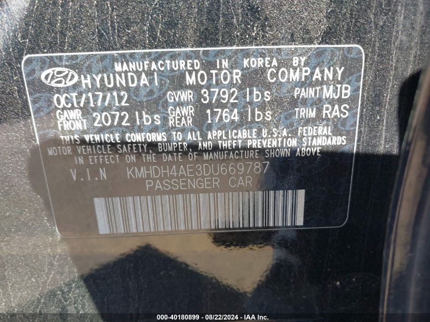 2013 Hyundai Elantra Gls VIN: KMHDH4AE3DU669787 Lot: 40180899