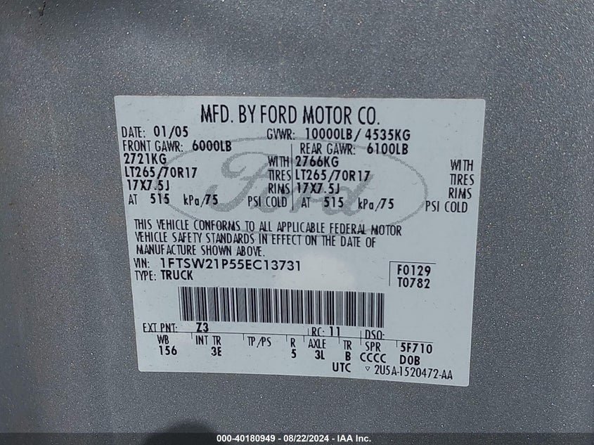 2005 Ford F-250 Lariat/Xl/Xlt VIN: 1FTSW21P55EC13731 Lot: 40180949