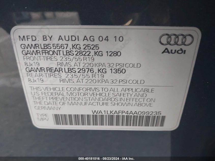 2010 Audi Q5 3.2 Premium VIN: WA1LKAFP4AA099235 Lot: 40181016