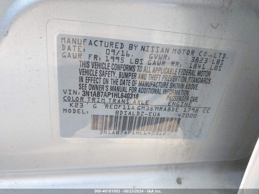 2017 Nissan Sentra Sv VIN: 3N1AB7AP1HL640318 Lot: 40181053