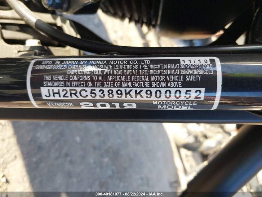2019 HONDA VT750 C2B - JH2RC5389KK900052