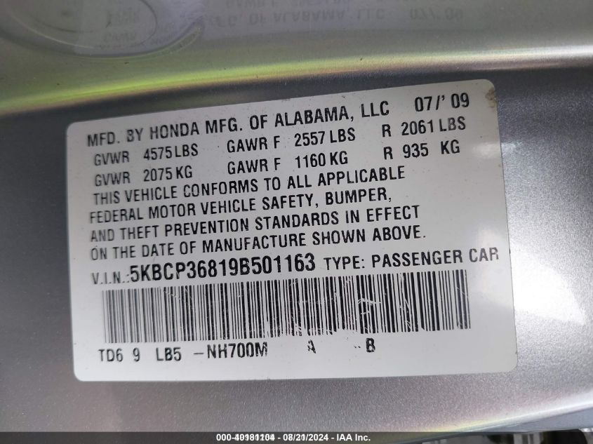 5KBCP36819B501163 2009 Honda Accord 3.5 Ex-L