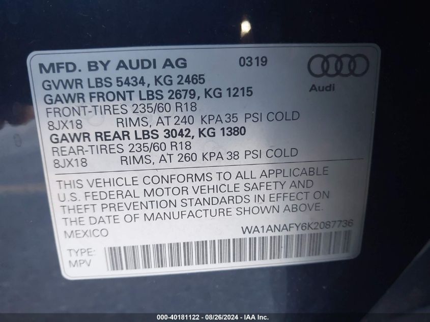 WA1ANAFY6K2087736 2019 Audi Q5 45 Premium