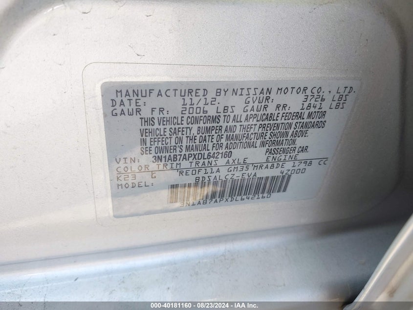 2013 Nissan Sentra S VIN: 3N1AB7APXDL642160 Lot: 40181160