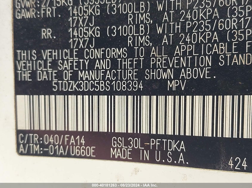 2011 Toyota Sienna Base V6 VIN: 5TDZK3DC5BS108394 Lot: 40181263