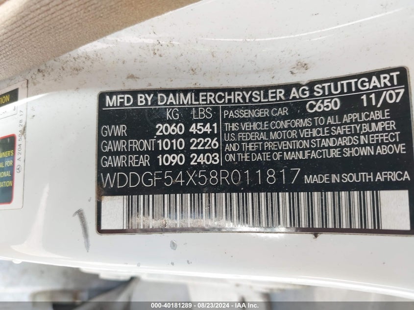 2008 Mercedes-Benz C 300 Luxury/Sport VIN: WDDGF54X58R011817 Lot: 40181289