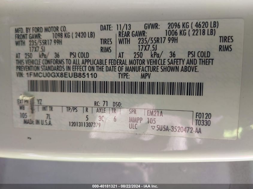 2014 Ford Escape Se VIN: 1FMCU0GX8EUB85110 Lot: 40181321