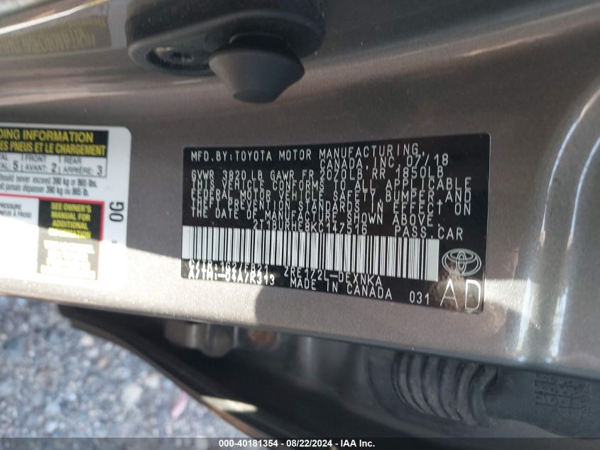VIN 2T1BURHE8KC147516 2019 TOYOTA COROLLA LE
