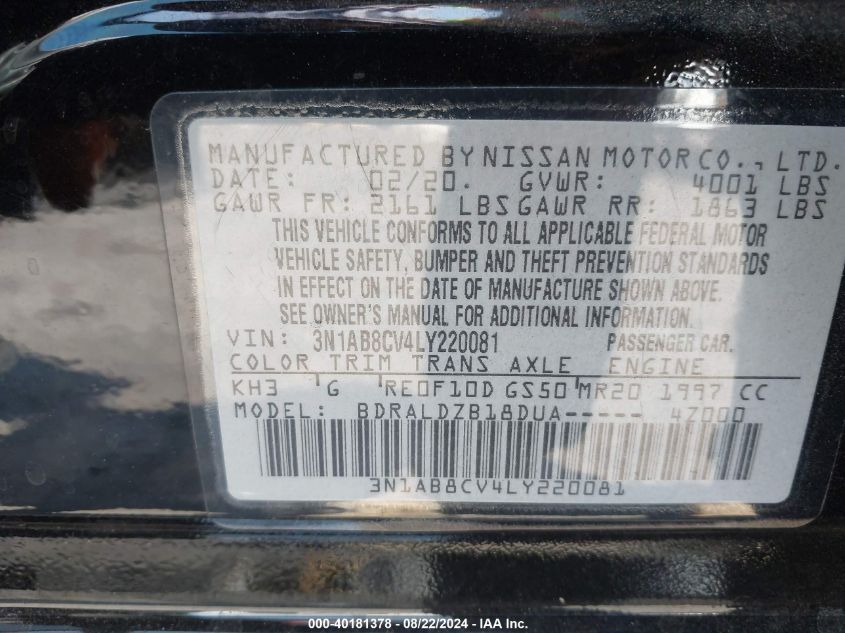 2020 Nissan Sentra Sv Xtronic Cvt VIN: 3N1AB8CV4LY220081 Lot: 40181378