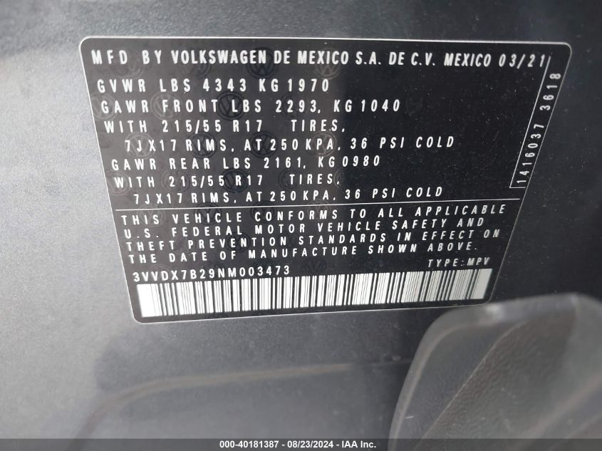 3VVDX7B29NM003473 2022 Volkswagen Taos 1.5T S