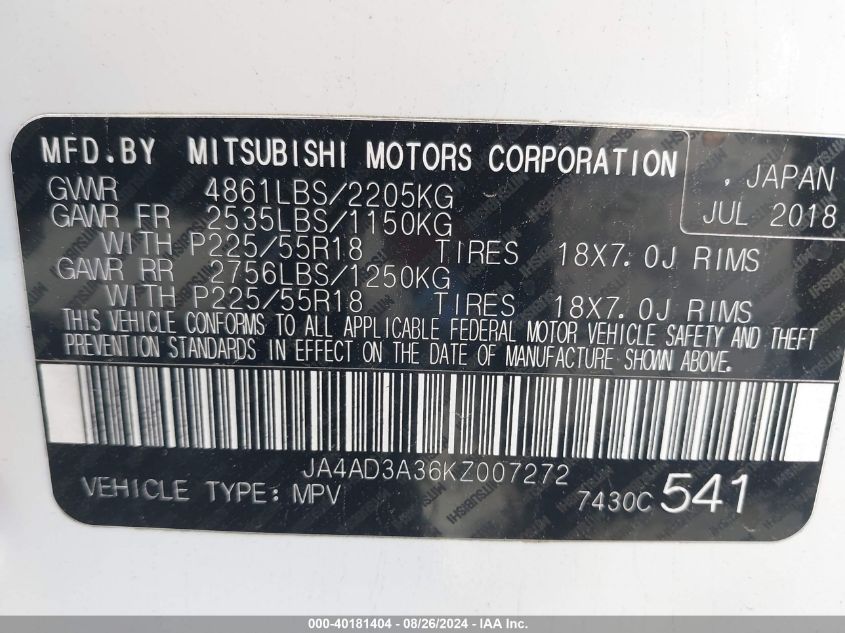 2019 Mitsubishi Outlander Sel VIN: JA4AD3A36KZ007272 Lot: 40181404