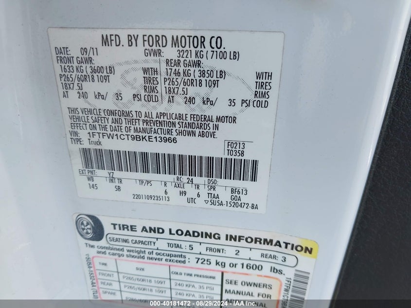 2011 Ford F-150 Fx2 VIN: 1FTFW1CT9BKE13966 Lot: 40181472