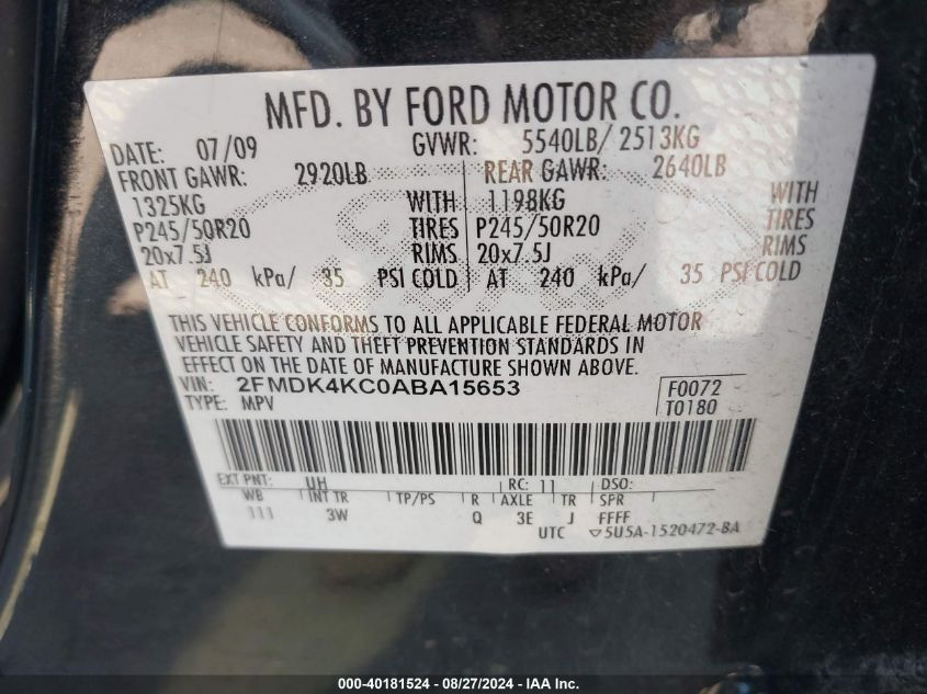 2FMDK4KC0ABA15653 2010 Ford Edge Limited