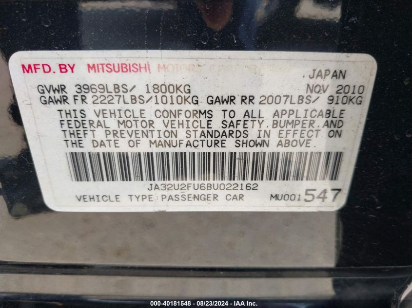 2011 Mitsubishi Lancer Es VIN: JA32U2FU6BU022162 Lot: 40181548