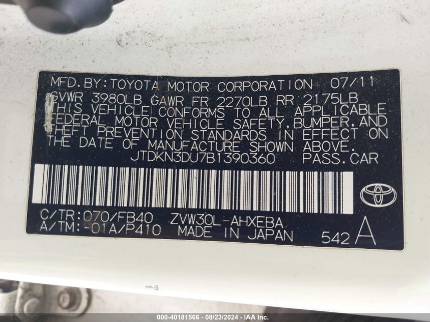 2011 Toyota Prius Two VIN: JTDKN3DU7B1390360 Lot: 40181566