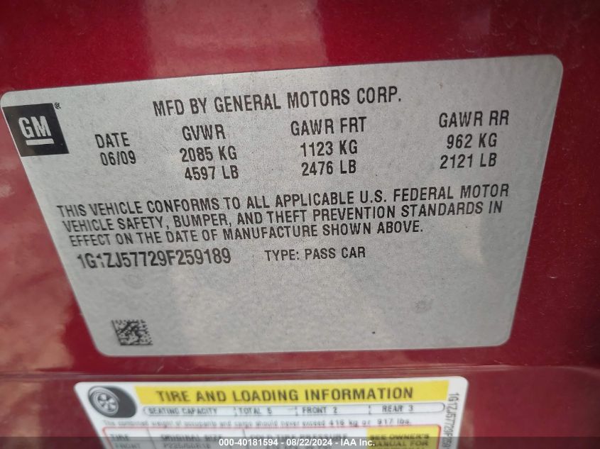 2009 Chevrolet Malibu Lt VIN: 1G1ZJ57729F259189 Lot: 40181594