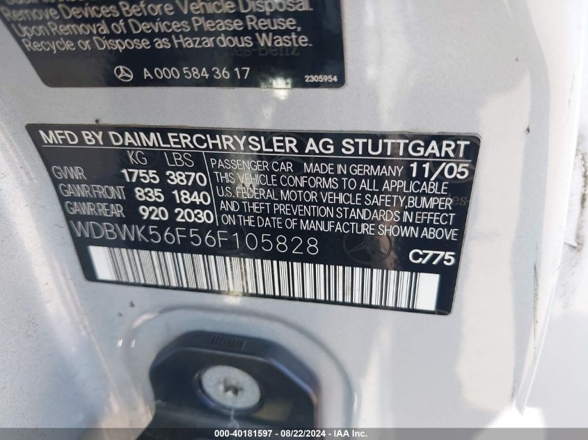 2006 Mercedes-Benz Slk 350 VIN: WDBWK56F56F105828 Lot: 40181597