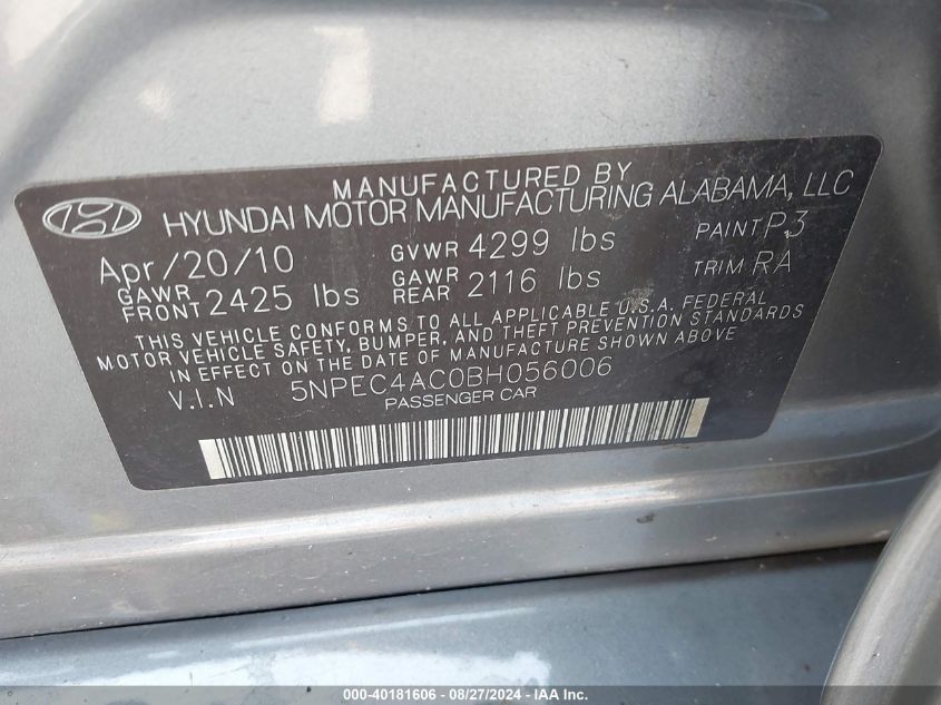 5NPEC4AC0BH056006 2011 Hyundai Sonata Se