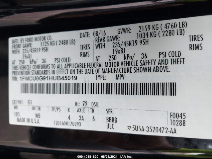 2017 Ford Escape Se VIN: 1FMCU0G91HUB45019 Lot: 40181620