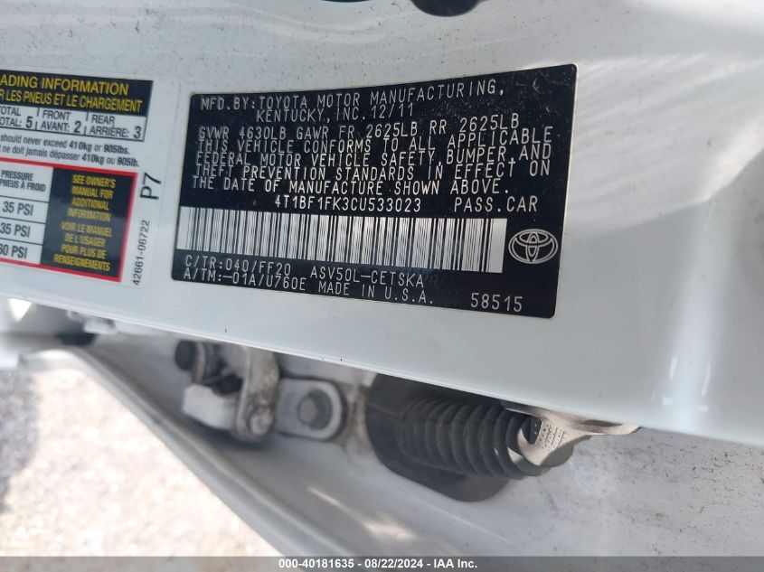 4T1BF1FK3CU533023 2012 Toyota Camry Se