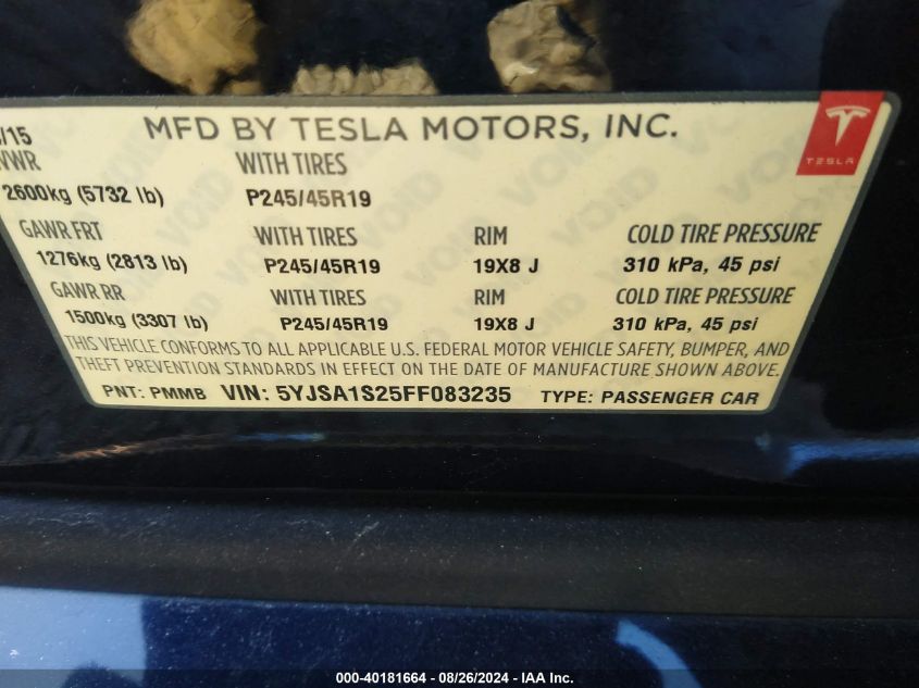 2015 Tesla Model S 70D/85D/P85D VIN: 5YJSA1S25FF083235 Lot: 40181664