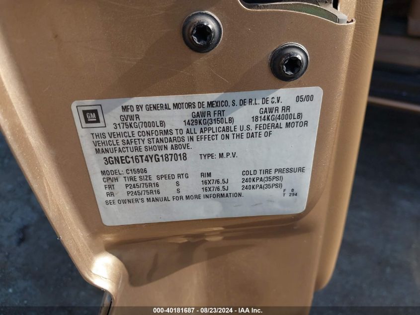 2000 Chevrolet Suburban 1500 Ls VIN: 3GNEC16T4YG187018 Lot: 40181687