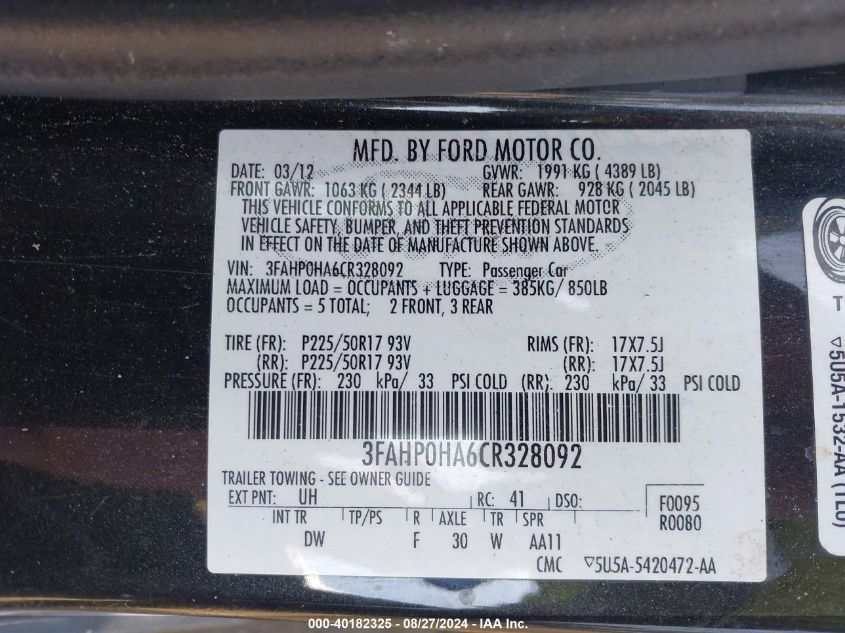 2012 Ford Fusion Se VIN: 3FAHP0HA6CR328092 Lot: 40182325