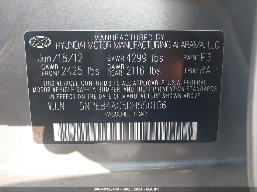 2013 Hyundai Sonata Gls VIN: 5NPEB4AC5DH550156 Lot: 40182434