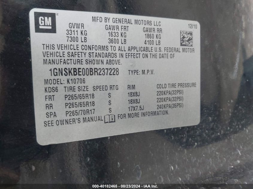 2011 Chevrolet Tahoe Lt VIN: 1GNSKBE00BR237228 Lot: 40182465