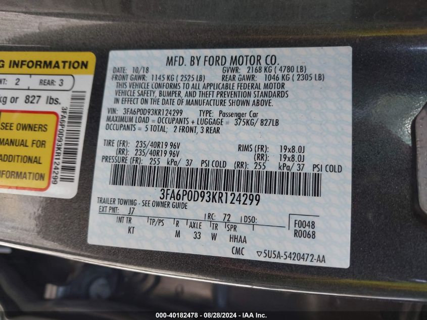 2019 FORD FUSION TITANIUM - 3FA6P0D93KR124299