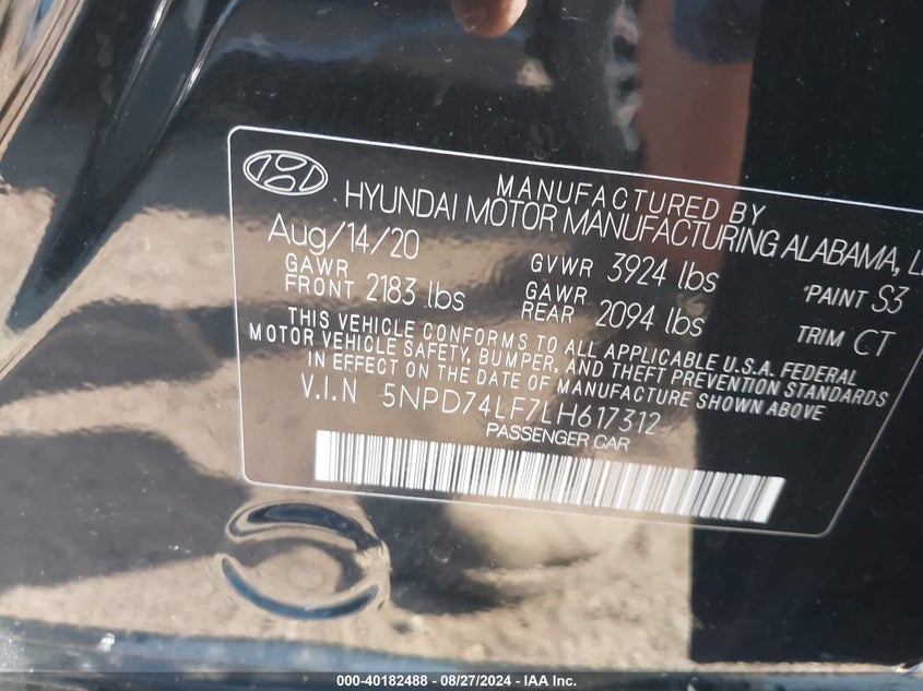 2020 HYUNDAI ELANTRA SE VIN: 5NPD74LF7LH617312