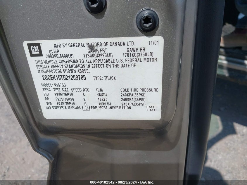 2002 Chevrolet Silverado 1500 Ls VIN: 2GCEK19T621209785 Lot: 40182542