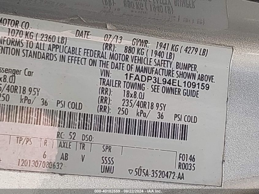 2014 Ford Focus St VIN: 1FADP3L94EL109159 Lot: 40182559