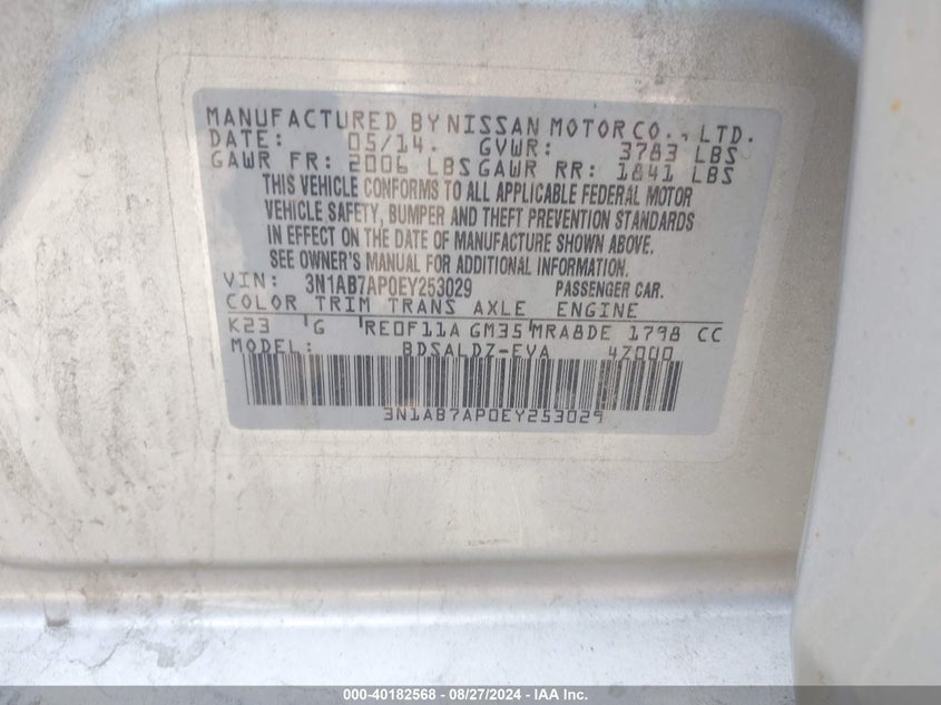 2014 Nissan Sentra Sv VIN: 3N1AB7AP0EY253029 Lot: 40182568