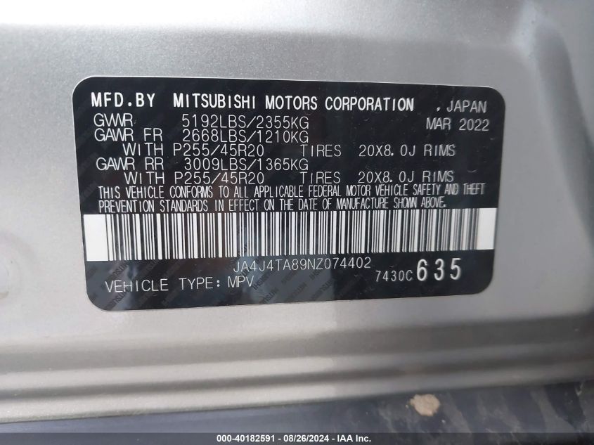 2022 Mitsubishi Outlander Es 2.5 S-Awc VIN: JA4J4TA89NZ074402 Lot: 40182591