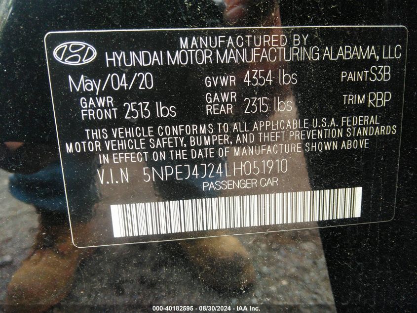 2020 Hyundai Sonata Sel Plus VIN: 5NPEJ4J24LH051910 Lot: 40182595