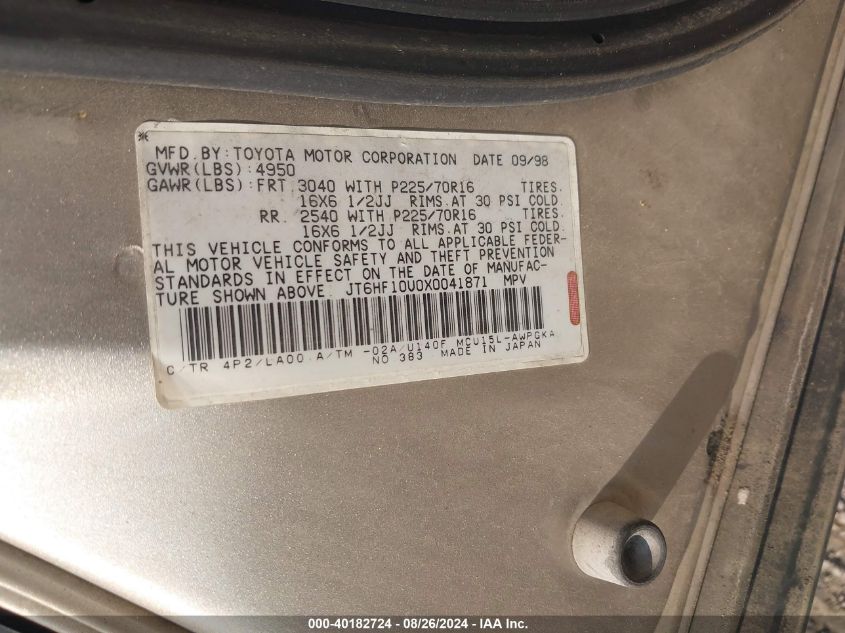 1999 Lexus Rx 300 VIN: JT6HF10U0X0041871 Lot: 40182724