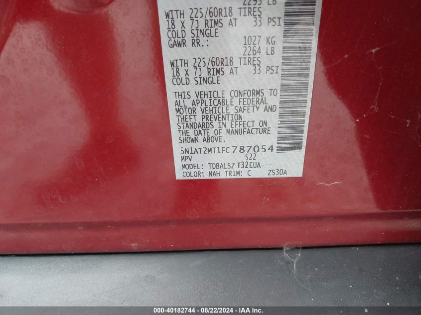 2015 Nissan Rogue Sl VIN: 5N1AT2MT1FC787054 Lot: 40182744