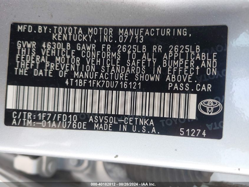 2013 Toyota Camry Le VIN: 4T1BF1FK7DU716121 Lot: 40182812