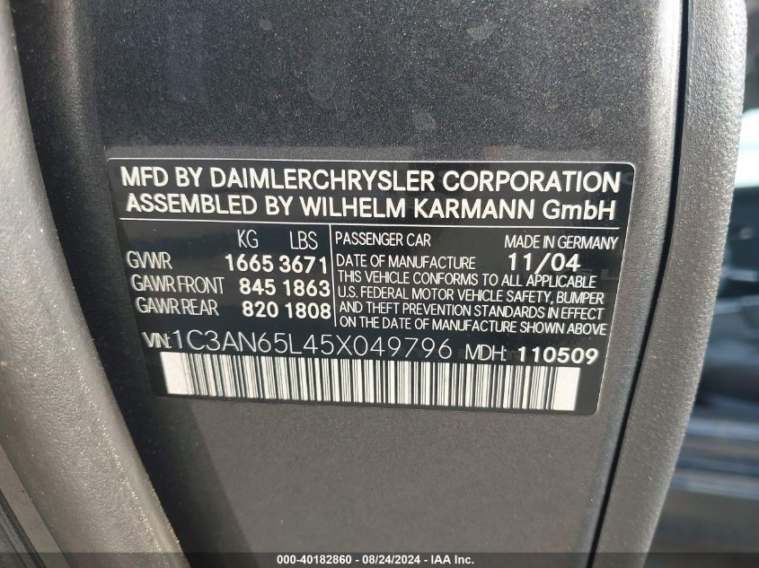 2005 Chrysler Crossfire Limited VIN: 1C3AN65L45X049796 Lot: 40182860