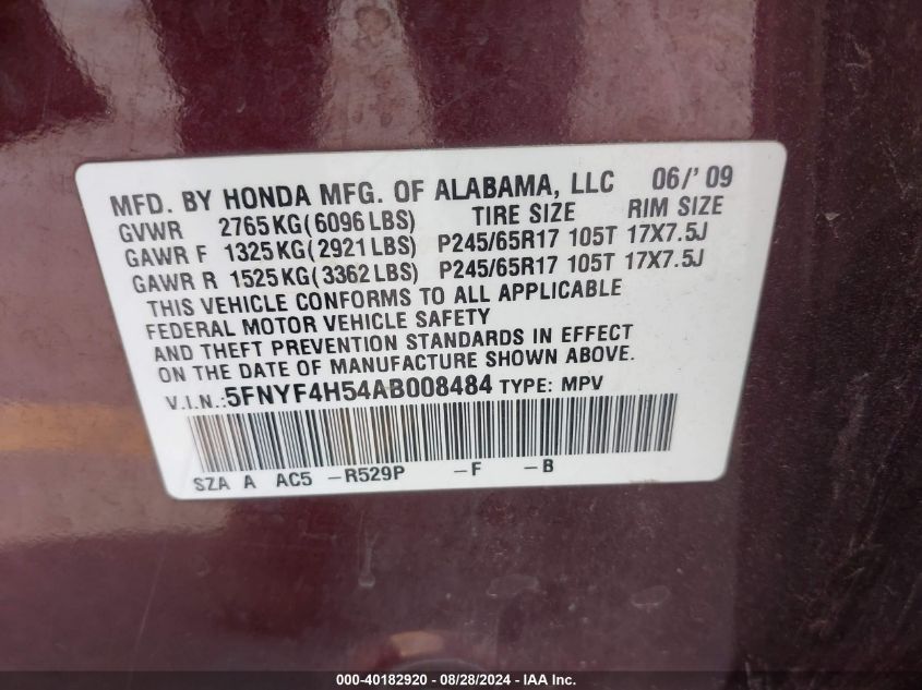 2010 Honda Pilot Ex-L VIN: 5FNYF4H54AB008484 Lot: 40182920