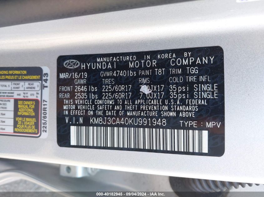 KM8J3CA40KU991948 2019 Hyundai Tucson Value