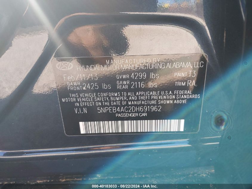 2013 Hyundai Sonata Gls VIN: 5NPEB4AC2DH691962 Lot: 40183033