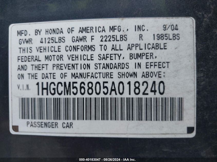 2005 Honda Accord 2.4 Ex VIN: 1HGCM56805A018240 Lot: 40183047