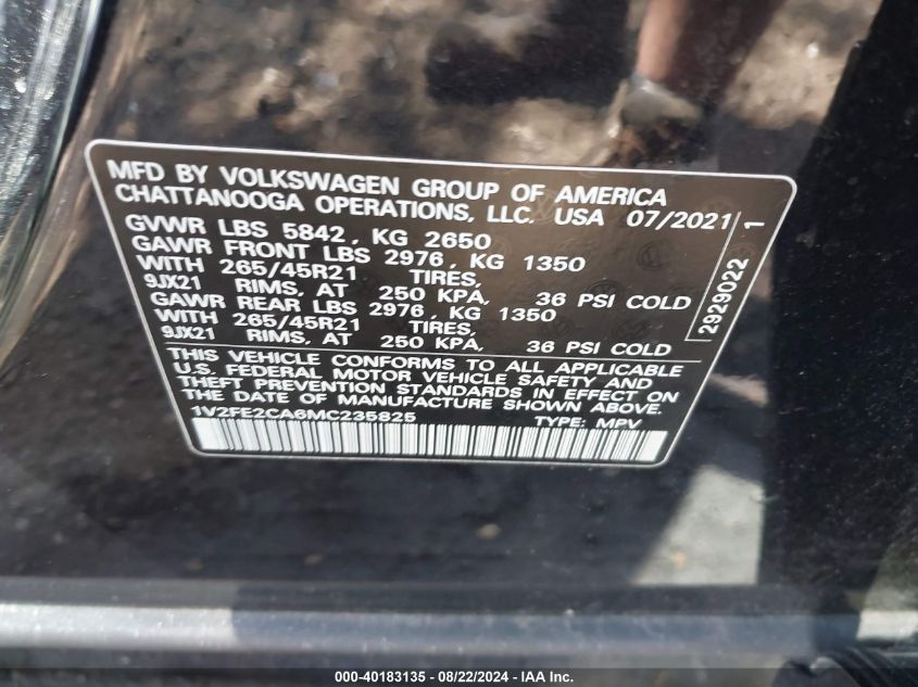 VIN 1V2FE2CA6MC235825 2021 Volkswagen Atlas, Cross... no.9