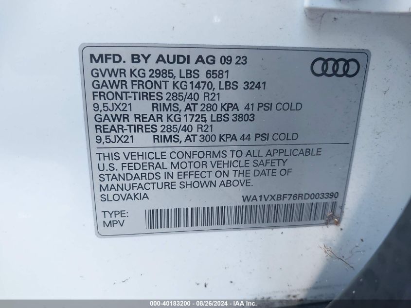 2024 Audi Q7 Prestige 55 Tfsi Quattro Tiptronic VIN: WA1VXBF76RD003390 Lot: 40183200