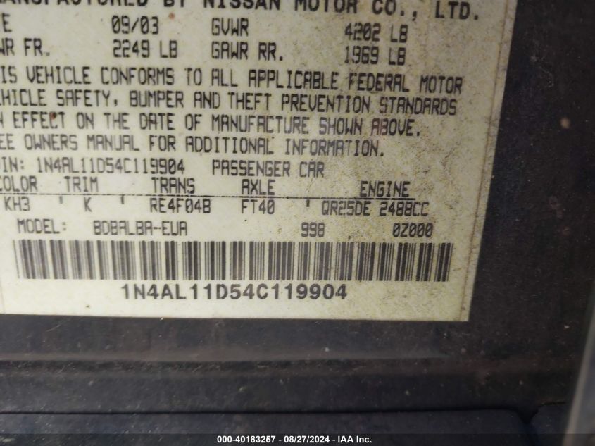 2004 Nissan Altima 2.5 S VIN: 1N4AL11D54C119904 Lot: 40183257
